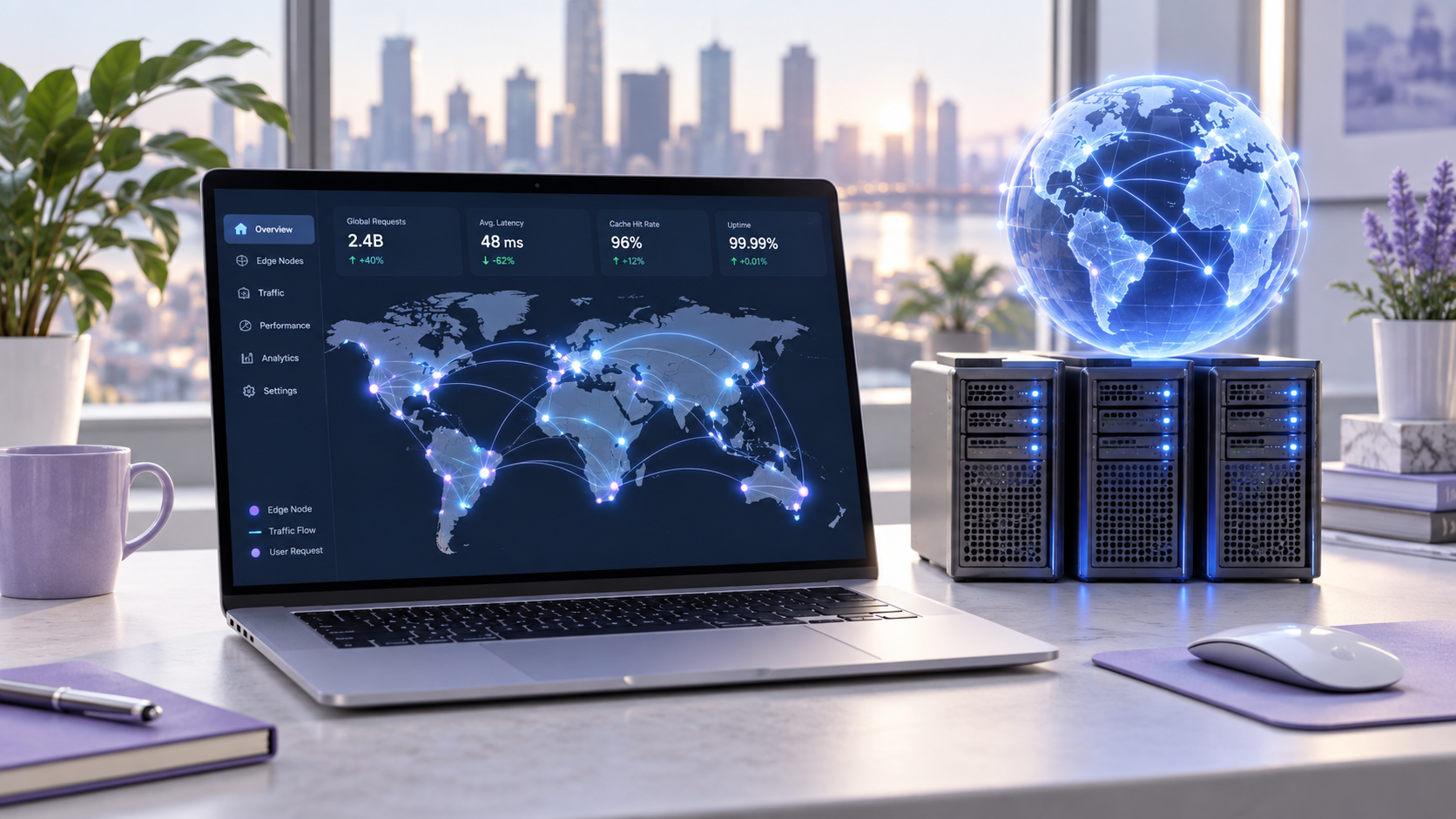 Laptop showing a global content delivery network beside server hardware