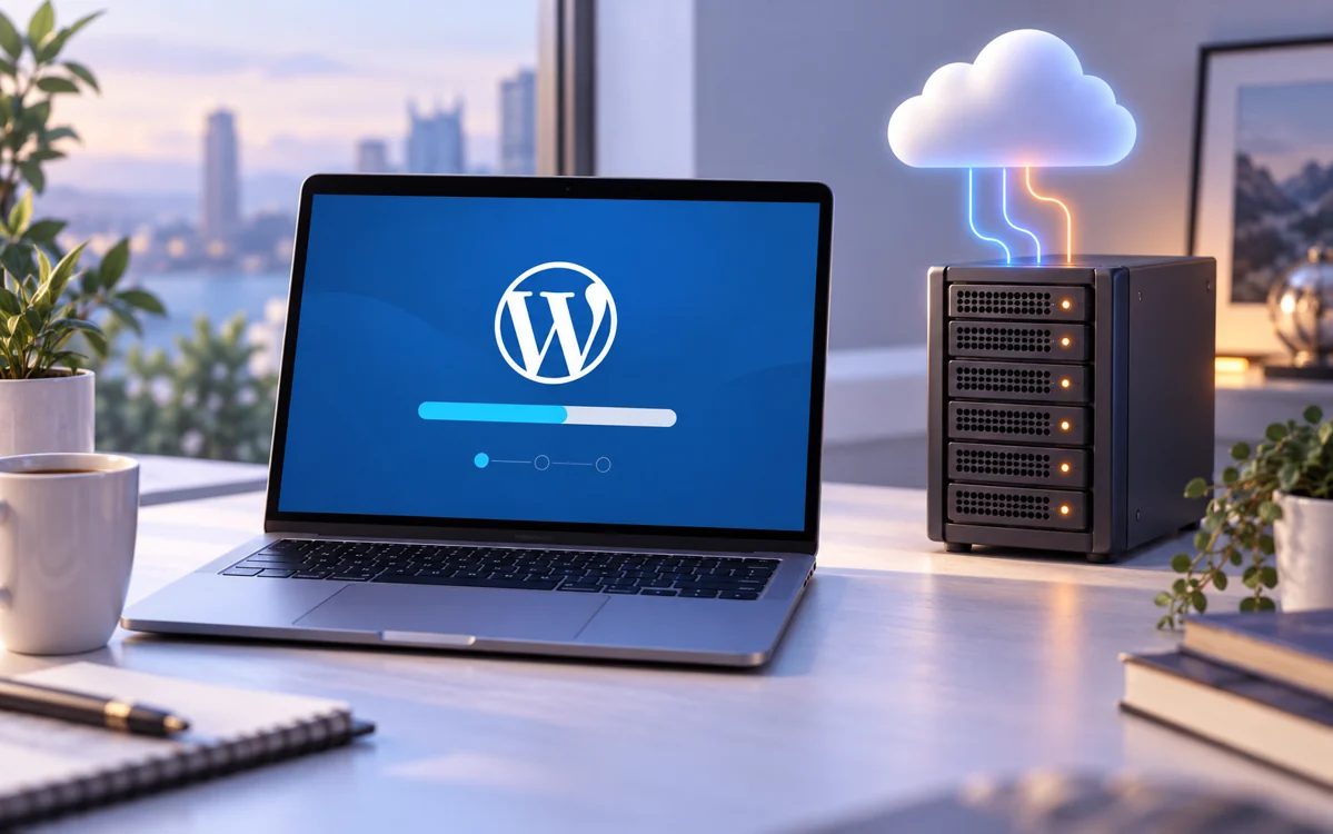 WordPress on a laptop beside server hardware