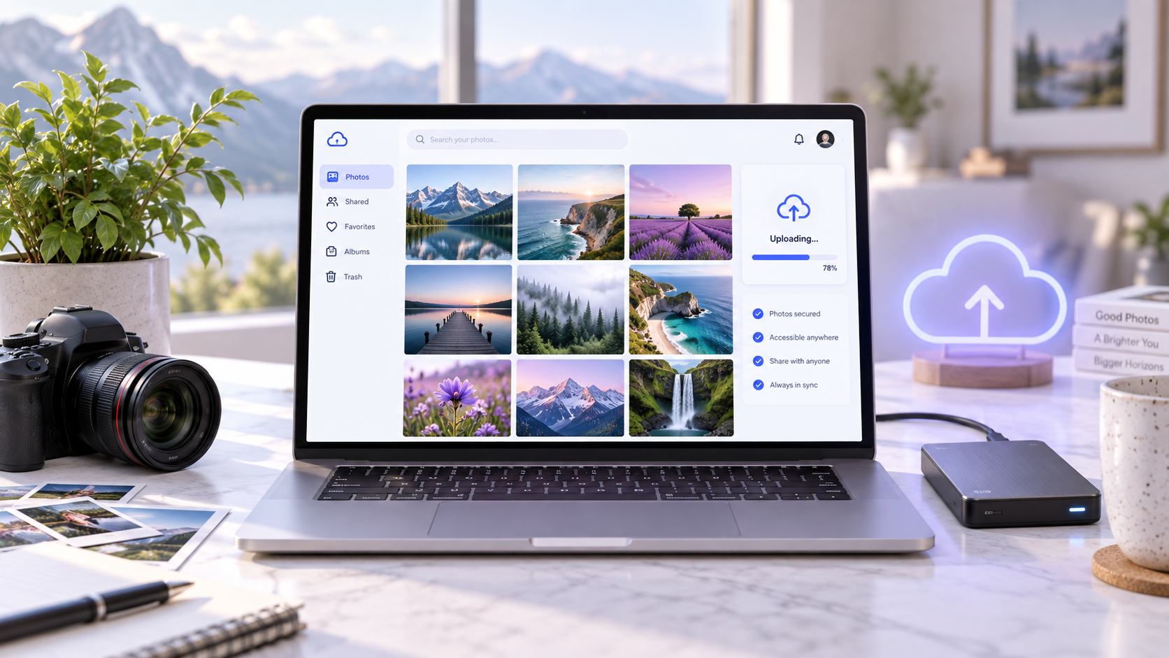 Laptop displaying a hosted photo library beside cloud storage