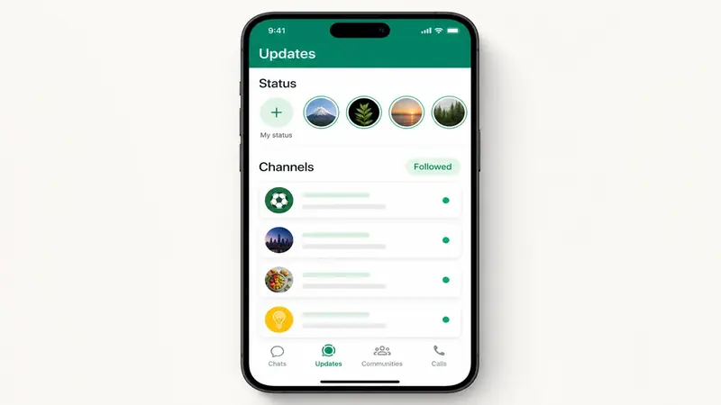 WhatsApp Updates tab showing followed channels