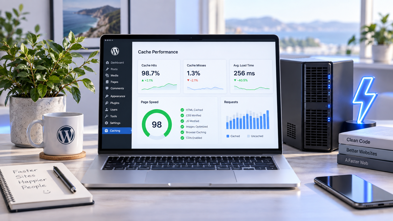 Laptop with a WordPress caching performance dashboard and server
