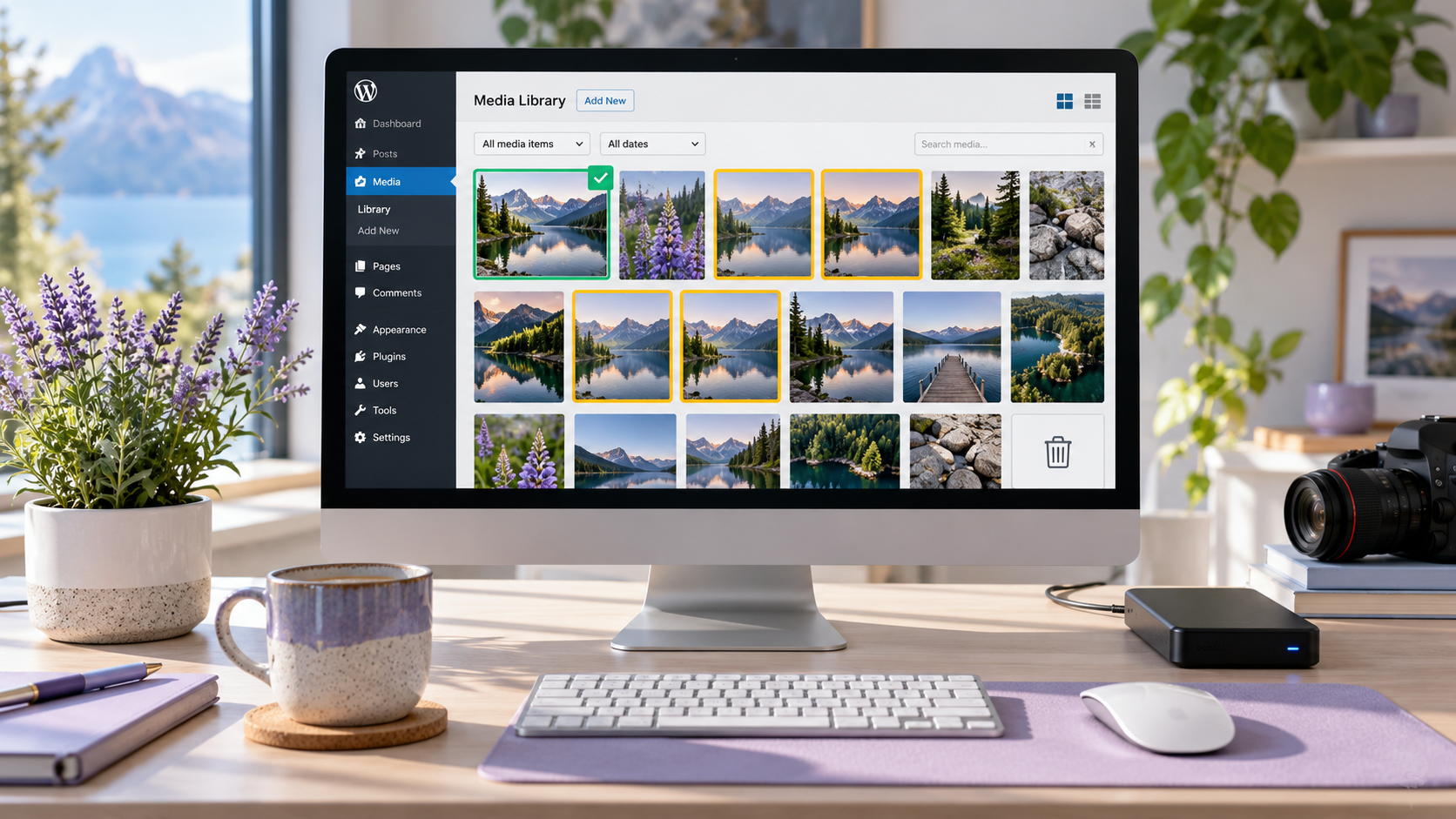 WordPress media library showing duplicate photos selected for review