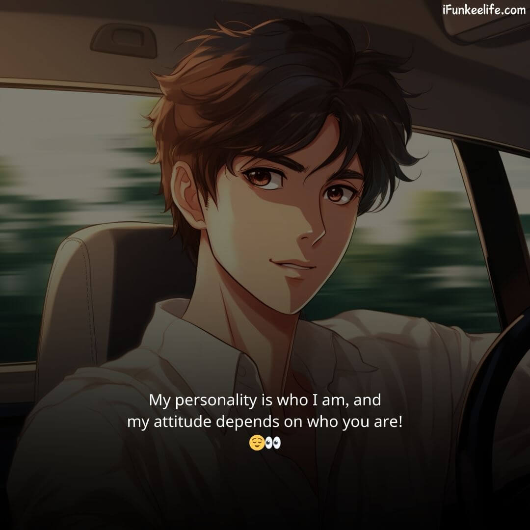 An anime-style illustration of a confident young man in a white shirt driving a car