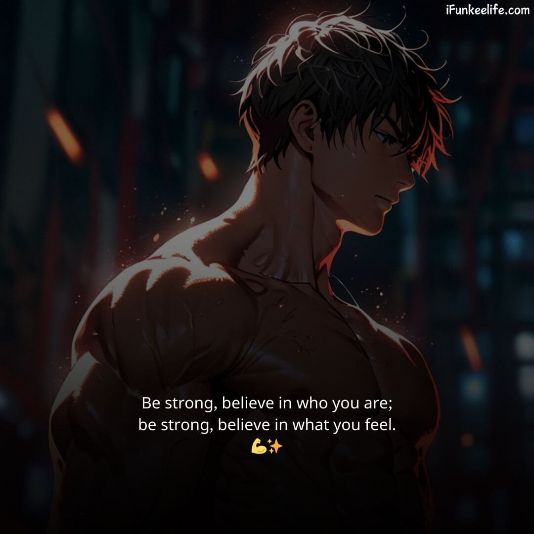 Awesome Attitude Status for Boys in English image showing a powerful anime character illustration with a motivational quote about inner strength and self-belief.