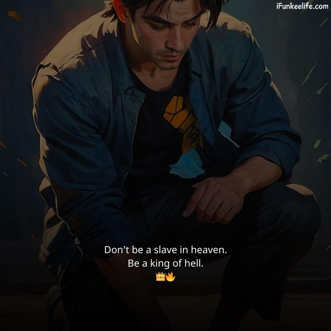 Bold attitude status image for boys with a motivational quote about independence and self-assurance over a moody character illustration.