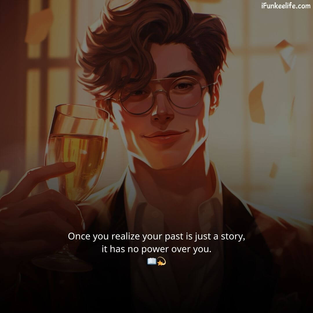An anime-style illustration of a sophisticated young man with wavy brown hair and round glasses, holding a glass of a golden beverage in a celebratory toast. The image features the quote "Once you realize your past is just a story, it has no power over you. 📖💫