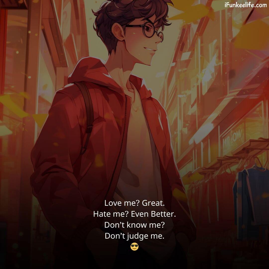 Anime-style boy in a red jacket with glasses for Royal Attitude Status for Boys