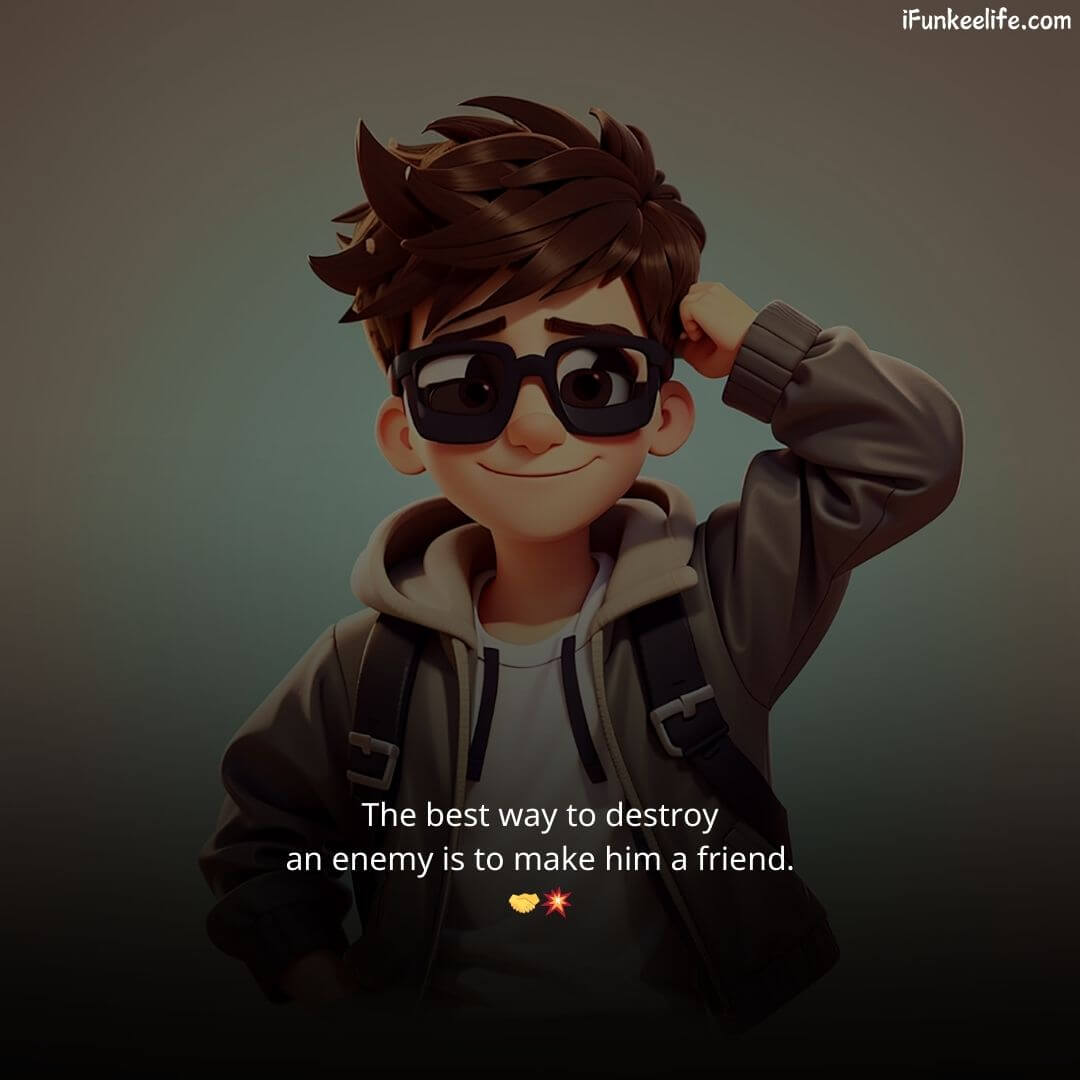 A 3D animated-style character of a young man wearing black glasses and a grey hoodie, smiling while adjusting his hair. The image contains the quote "The best way to destroy an enemy is to make him a friend. 🤝💥" and is accompanied by the heading "Status for Boys Attitude.