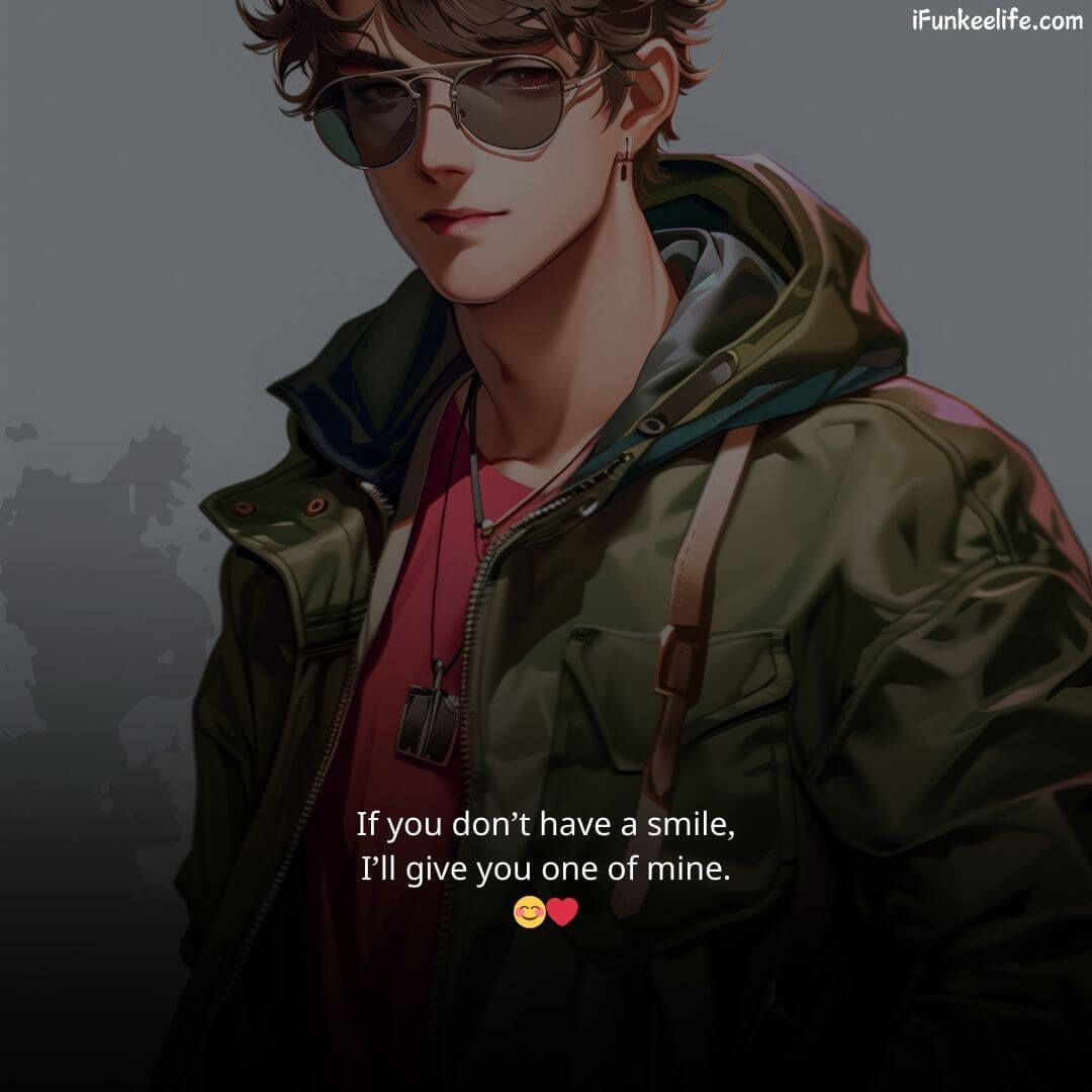 WhatsApp Attitude Status for Boys image featuring a trendy male character and a quote about giving a smile.