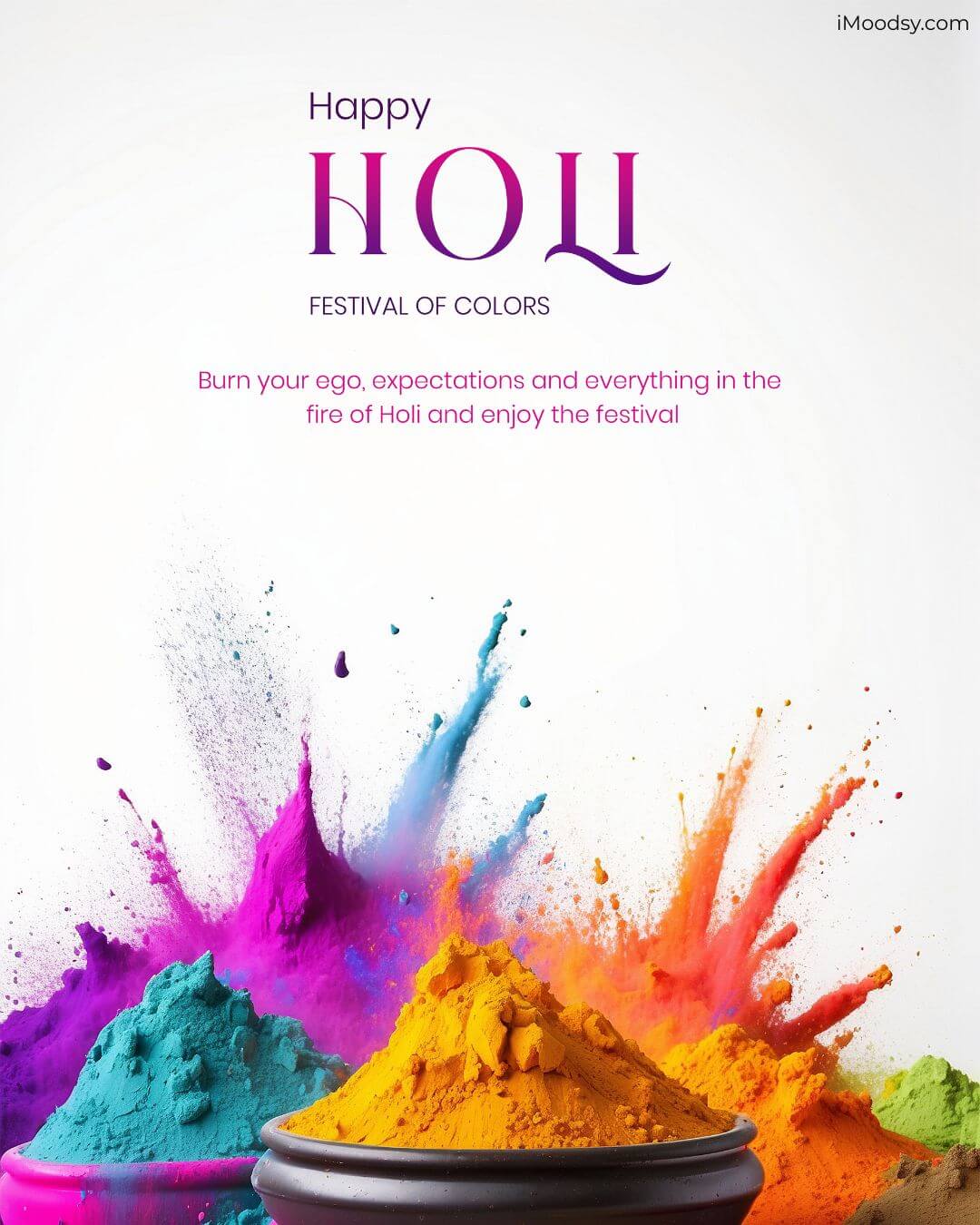 Happy Holi Festival of Colors greeting card with colorful powder splashes and an English Holi Quotes