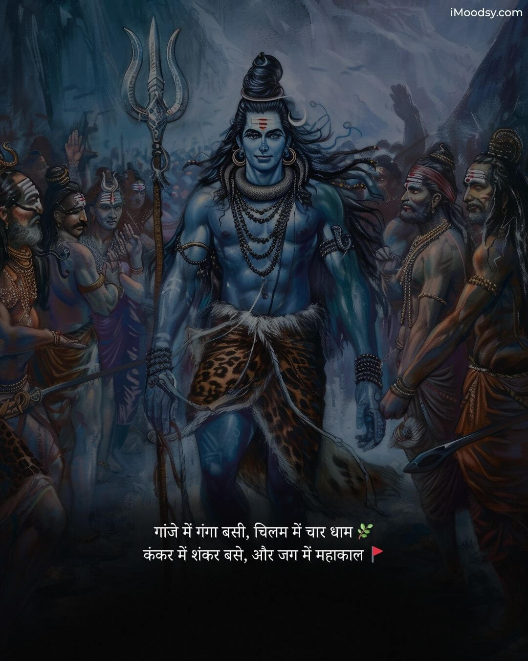 Lord Shiva with Trishul surrounded by Aghori devotees in a dark aesthetic with Hindi Jay Mahakal Status about Ganja and Chillum.