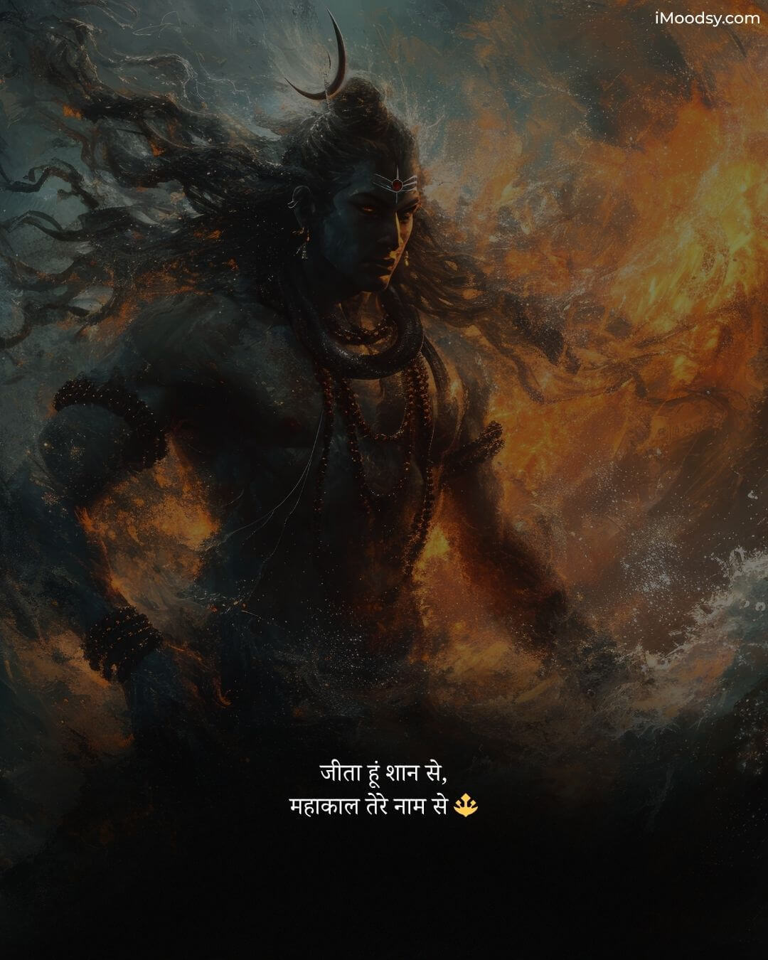 Lord Shiva as Mahakal in a fierce avatar with fire and waves, featuring Hindi Mahakal Attitude Shayari.