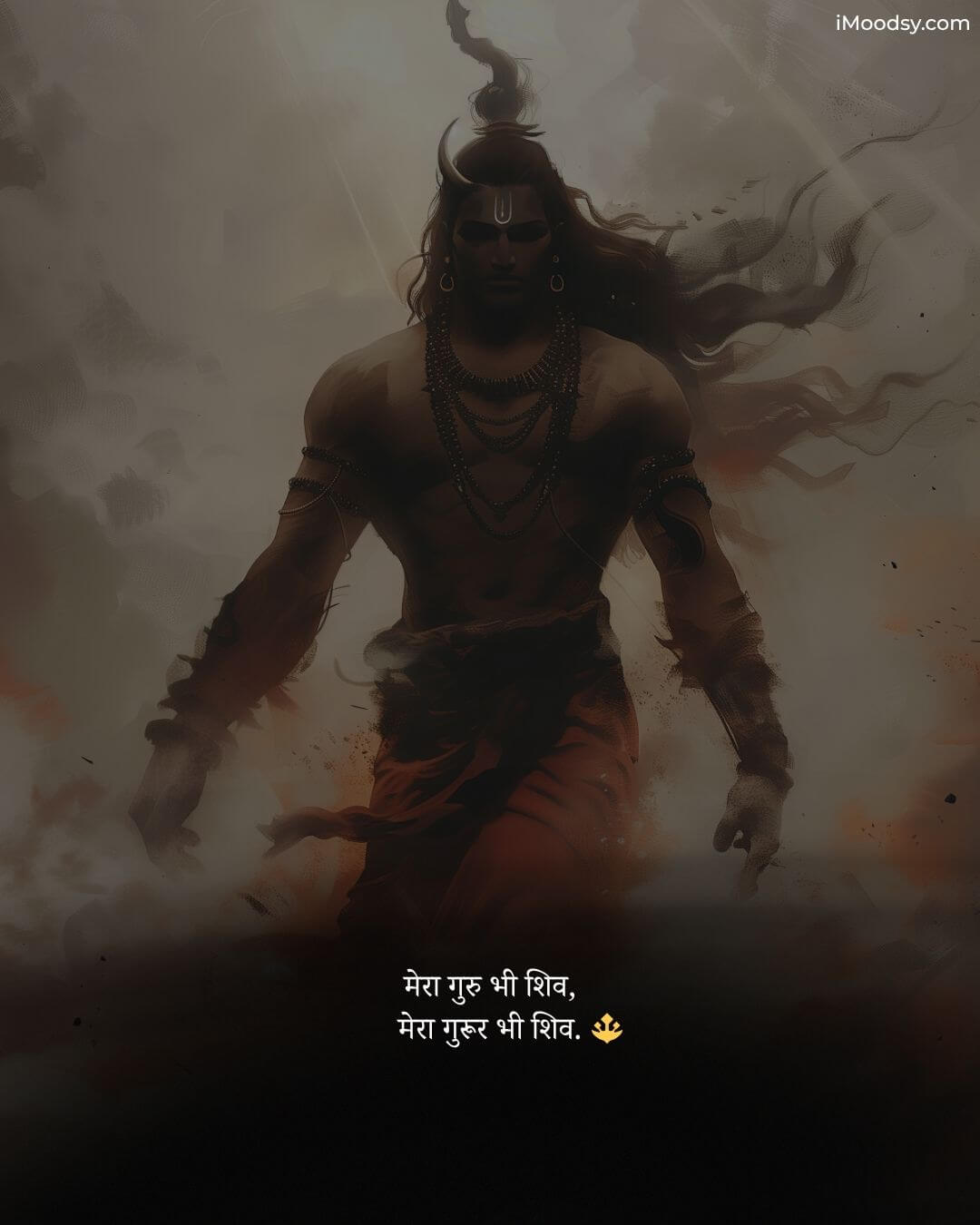 Powerful warrior avatar of Lord Shiva in a smoky dark theme with Hindi Mahakal status shayari about Shiva being a Guru.